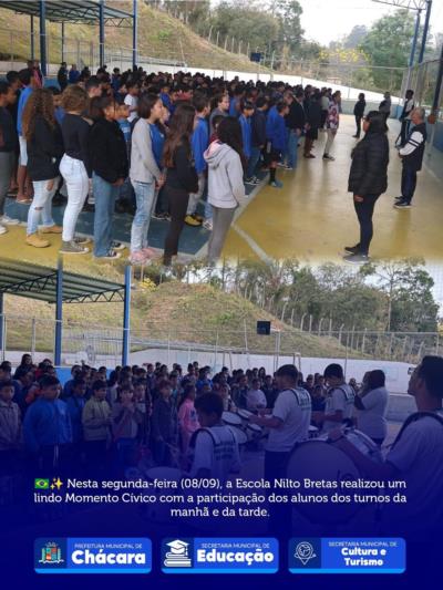 ✨ Nesta segunda-feira (08/09), a Escola Nilto Bretas realizou um lindo Momento Cívico com a participação dos alunos dos turnos da manhã e da tarde.