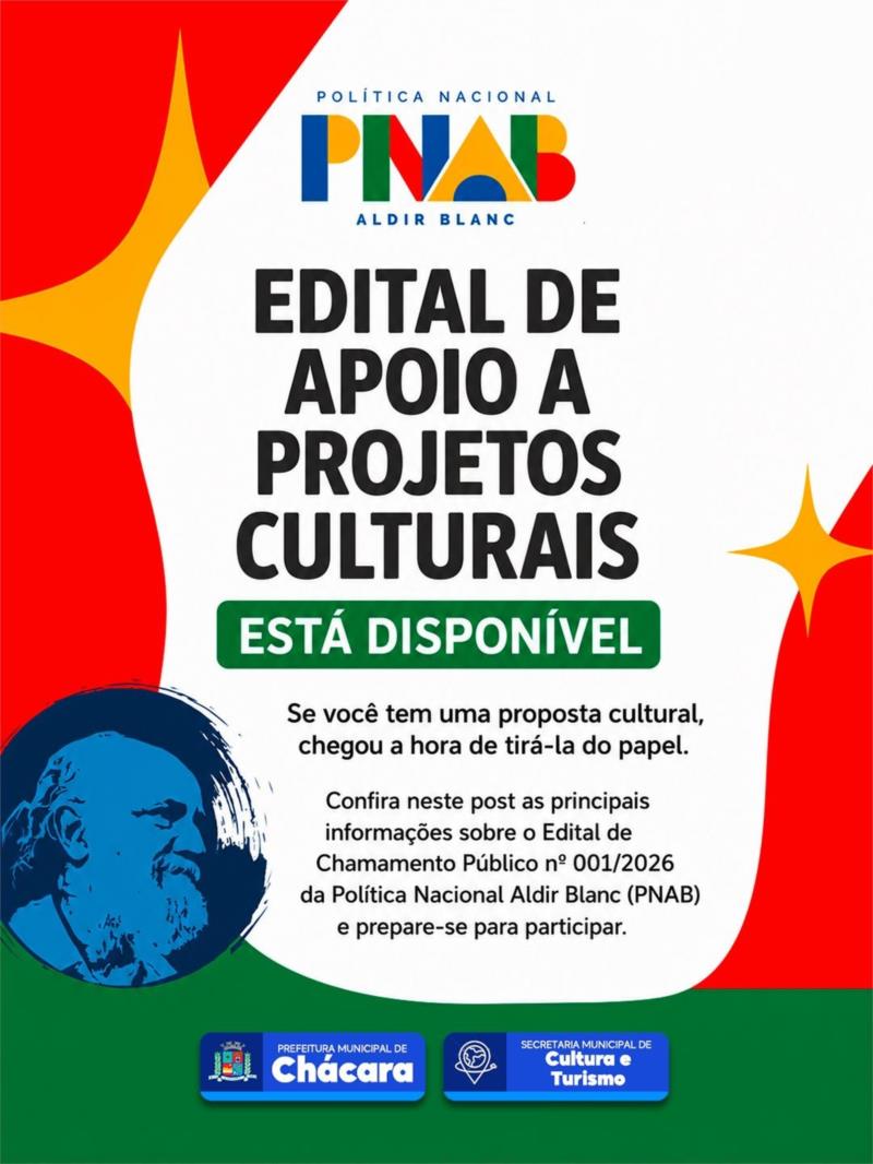 Está publicado o Edital de Chamamento Público nº 001/2026 – Lei Aldir Blanc, uma importante oportunidade para fortalecer e valorizar a cultura em nosso município.